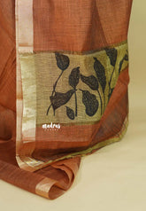 Copper Brown - Handmade jute tussar silk saree with handblock prints